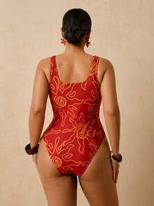 Travachic 大码女士红色阳光印花连体泳衣，浪漫早春海滩水疗泳装 - 紅色 - 查看 2