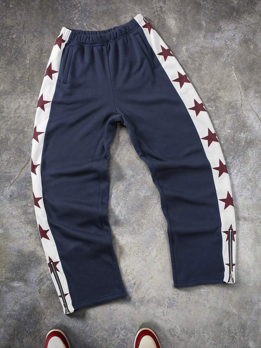 Men's Elastic Waist Star Print Casual Pants With Pockets - Multicolor - View 1