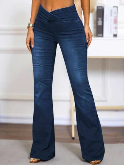 EMERY ROSE 女士纯色休闲牛仔裤，高腰修身喇叭裤，交叉腰带设计，深蓝色，适合冬季穿着，保暖，适合日常外出和圣诞节穿着。