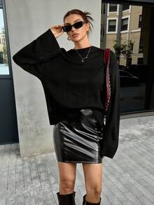 SHEIN Tall Suéter de punto holgado de manga larga para mujer, negro liso, otoño, estilo chic sin esfuerzo, suéter de hombro caído liso para uso diario otoño/invierno - Negro - Ver 7