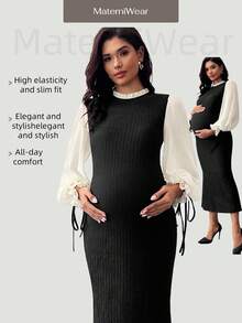 MaterniWear Roupas de Trabalho para Gestantes, Roupas de Trabalho para Gestantes, Vestidos para o Trabalho, Roupas de Outono, Roupas de Outono/Inverno para Gestantes, Vestido Elegante Ajustado com Babados em Blocos de Cores, Gola Alta, Manga Lanterna e Barra Cauda de Sereia para Gestantes, Vestido Maxi de Tricô, Vestidos de Tricô para Mulheres, Vestido Longo Casual, Vestido Suéter Modesto, Vestido de Gestante, Vestido para Gestantes, Roupas de Gravidez, Looks para Gestantes, Vestido de Amamentação - Preto - Ver 1
