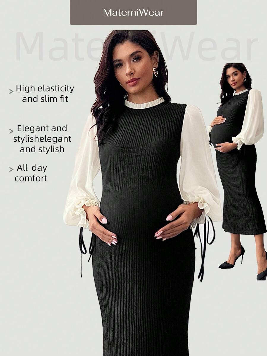 MaterniWear Roupas de Trabalho para Gestantes, Roupas de Trabalho para Gestantes, Vestidos para o Trabalho, Roupas de Outono, Roupas de Outono/Inverno para Gestantes, Vestido Elegante Ajustado com Babados em Blocos de Cores, Gola Alta, Manga Lanterna e Barra Cauda de Sereia para Gestantes, Vestido Maxi de Tricô, Vestidos de Tricô para Mulheres, Vestido Longo Casual, Vestido Suéter Modesto, Vestido de Gestante, Vestido para Gestantes, Roupas de Gravidez, Looks para Gestantes, Vestido de Amamentação - Preto - Ver 1