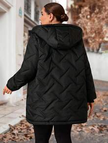 SHEIN Clasi Curve 大码女式日常黑色撞色杏色加厚绒里连帽长袖休闲绗缝外套，保暖内衬，冬暖夏凉，舒适保暖，2025 新款，女士冬季，复古风，外出，秋季，风衣，女士冬季，秋冬外套 - 黑色 - 查看 8