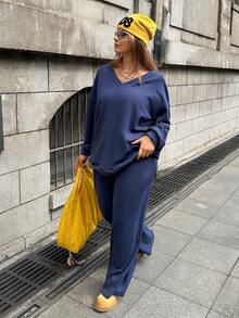 Muchica 2pcs Plus Size Women Solid Color Drop Shoulder Long Sleeve Sweatshirt And Pants Set, Thermal Lined, Autumn/Winter - Blue - View 3