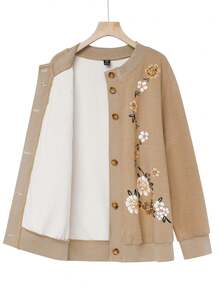 EMERY ROSE Set de 2 piezas de chaqueta y pantalones de tela polar con estampado floral de talla grande, para otoño/invierno - Marrón - Ver 3