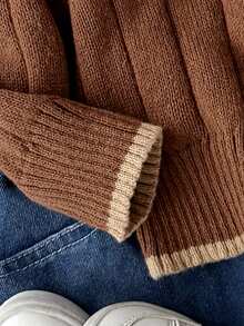 SHEIN 男童厚字母贴花半拉链针织衫，长袖，秋冬款 - 咖啡棕 - 查看 4