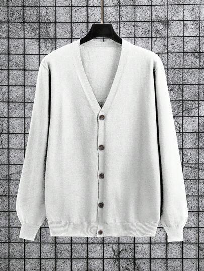 Manfinity Homme Plus Size Men's Solid Color Long Sleeve Single-Breasted Casual Knit Cardigan, Autumn/Winter