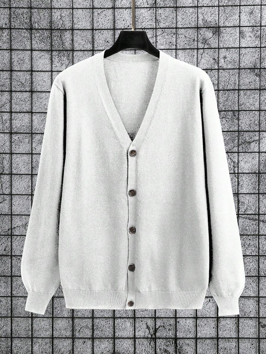 Manfinity Homme Áo len cardigan dệt kim đơn hàng ngày tay dài màu trơn cỡ lớn dành cho nam, mùa thu/đông - trắng - Xem 1
