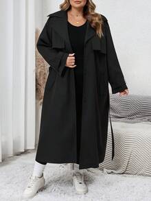 SHEIN CURVE+ 1pc Women's Solid Color Woven Longline Belted Front Button Trench Coat/Winter - Black - View 6