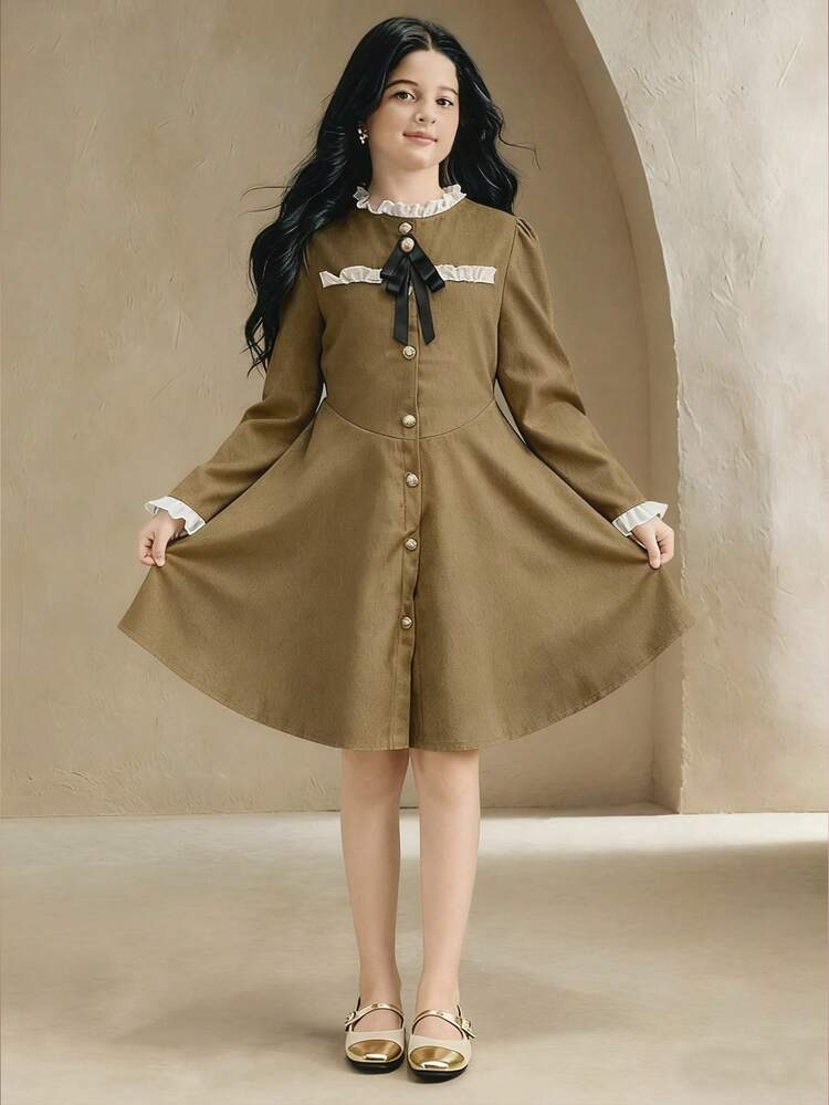 SHEIN Tween Girls' Elegant Vintage Ruffled Collar Button Front Tie Bow Decor Black Long Sleeve Snug Fit Mini Dress, Paired With Jacket - Khaki - View 1