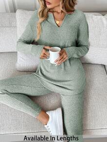 SHEIN Tall CURVE 两件套加大码女式保暖罗纹长袖T恤和打底裤，秋冬季 - 綠色 - 查看 1
