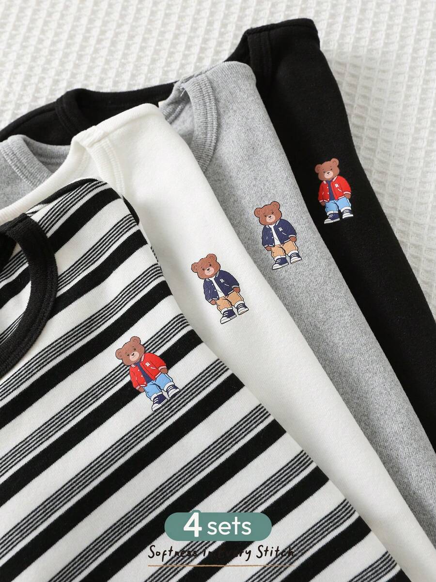 Cozy Pixies 4pcs Baby Boy Cartoon Bear Pattern Knitted Soft Crew Neck Long Sleeve Pullover Outfit Set - Black and White - View 1
