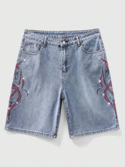 Street Life Herren Jeans Shorts mit Strass Flammen Muster Tasche, Lässig