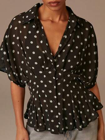 Athîral 女士波点印花蝙蝠袖单排扣时尚衬衫