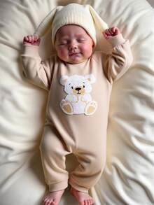 Souflis Souflis French Retro Cute Bear Pattern Beige Long Sleeve Jumpsuit, Suitable For Home, Outings, And Various Occasions, Unisex Baby Jumpsuit, Autumn/Winter Baby Jumpsuit Bear Mocha Baby Clothes - Apricot - View 4