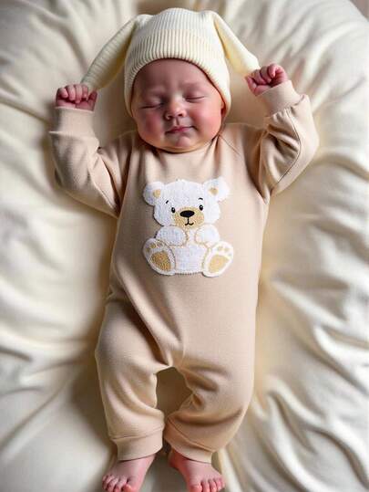 Souflis Souflis Mono de manga larga con estampado de oso retro francés en beige, adecuado para el hogar, salidas y diversas ocasiones, mono unisex para bebé, otoño/invierno