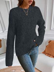 SHEIN LUNE Sweater Leher Bulat Abu-abu Tebal Premium untuk Wanita - Dark Grey - View 4
