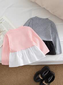2pcs/Set Baby Girls' Cute Simple Heart Embroidery Elastic Ribbed Splice Ruffle Hem Long Sleeve T-Shirt, Pink & Gray Combo - Multicolor - View 4