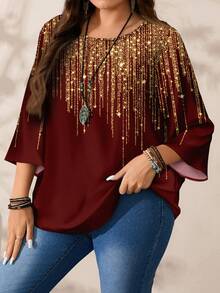 EMERY ROSE Chemise ample à col rond, imprimée sur tout le corps, manches 3/4, pour femmes grandes tailles, automne/hiver - Rouge foncé - Voir 8