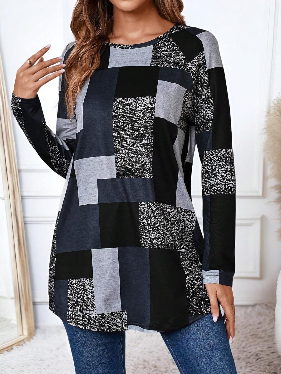 EMERY ROSE Women's Geometric Print Crew Neck Casual Loose Long Sleeve T-Shirt - Multicolor - View 1