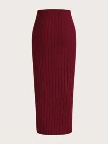 SHEIN Tall CURVE 大码纯色简约日常罗纹针织铅笔裙 - 紅色 - 查看 2