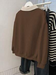 Franclia Equestrian Logo Print Fashionable Turndown Collar Zip-Up Long Sleeve Loose Fit Sweatshirt, Navy Blue, Autumn