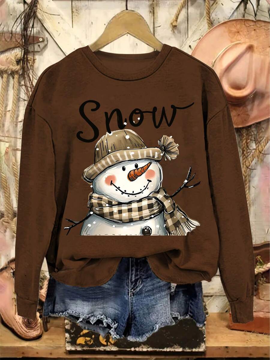 EMERY ROSE 女士雪人印花休闲宽松圆领卫衣 - 咖啡棕 - 查看 1