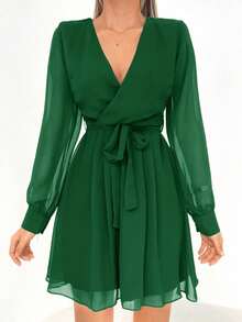 EURMUSE Women's Solid Color V-Neck Long Sleeve Waist Tie Casual Dress - Dark Green - View 3