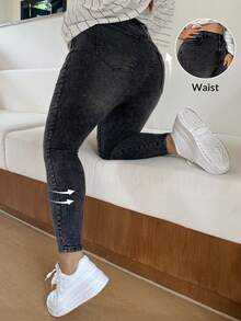 SHEIN CURVE+ Plus Size Women Pocket Skinny Casual Versatile Jeans, High-Waist Asymmetric Design Stretch Slim Denim Pants, Dark Wash, Summer, Casual, Everyday Flare Pants - Black - View 8