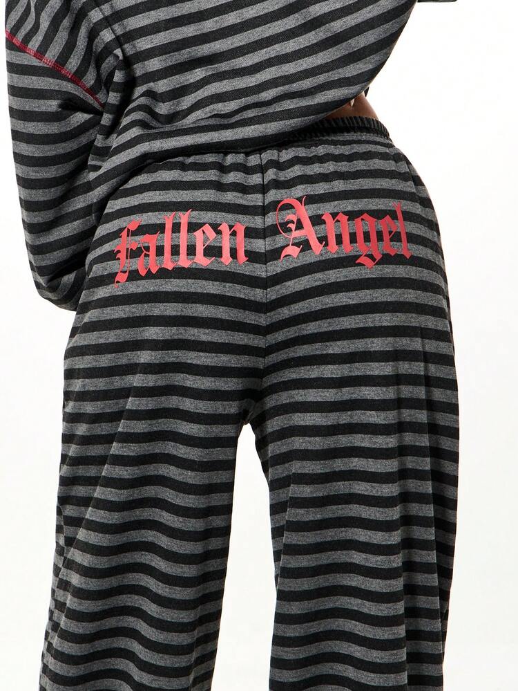 SUMWON WOMEN Oversized Wide Leg Striped Joggers With Text Print