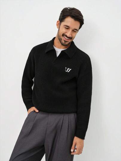 Manfinity CityGents Men's Black Long Sleeve Half-Open Chest Pullover, New Autumn/Winter Design Knit Wear Men Men Pullover Quarter Zip Sweater Men Polo Sweater Men Sweaters Men Knit Set Men's Sweater Sweater Polo Men Fall Clothes For Men Men's Fall Collection