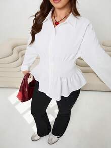 SHEIN EZwear 大码女式腰部收褶秋冬衬衫 - 白色 - 查看 7