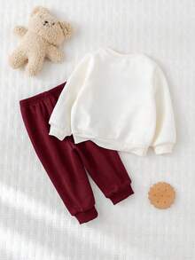 Cozy Pixies 2pcs Baby Boy Cartoon Bear Embroidery Knit Soft Crew Neck Long Sleeve Sweatshirt And Elastic Waist Ankle-Length Pants Thick Thermal Lined Set - Burgundy - View 2