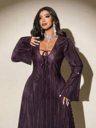 Viva Relle فستان حفلات أنيق للمرأة ذات الحجم الكبير بأكمام واسعة وربطة أمامية بلون واحد