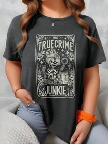 SHEIN CURVE+ 骷髅女孩字母标语圆领短袖加大码T恤，适合加大码女款 - 深灰色 - 查看 4