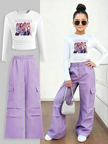 Sparklyn 2pcs/Set KPOP Girl Group Printed Top & Purple Straight Leg Cargo Pants Set, Fashion Casual Streetwear For Tween Girls - Multicolor - View 1