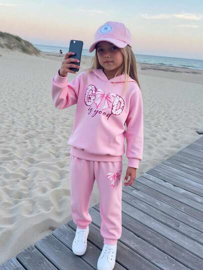Young Girl Letter & Bow Print Long Sleeve Hoodie And Pants Casual Outfit