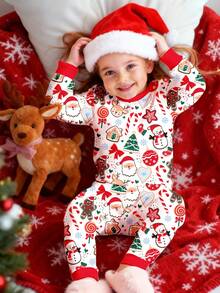 SHEIN Young Girls Christmas Red, Christmas Eve, Super Cute Gingerbread Man, Bow Heart Print, Christmas Limited Edition Gift, Retro Warm Cute Christmas, Festival Holiday Style Pajamas, Young Girl Casual Soft Comfortable Long Sleeve Long Pants Thermal Lined Loungewear Suitable For Autumn/Winter, Snug Fit, Home, Christmas Party Outfit - Multicolor - View 3