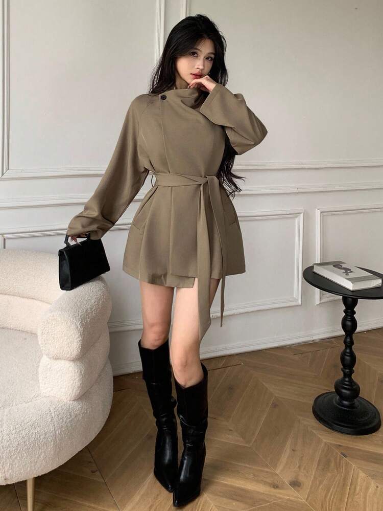Celisse Damen Einfarbiger Stehkragen Loser Trenchcoat - Khaki - Übersicht 6