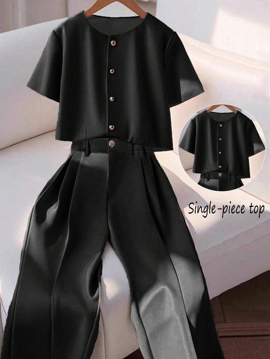 Franclia 时尚高端女士圆领短袖纽扣衬衫 - 黑色 - 查看 1