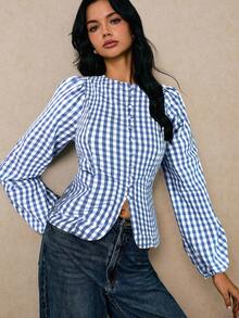 Poéselle 女士格子圆领纽扣灯笼袖休闲衬衫 - 淺藍色 - 查看 4