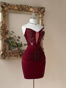 Lovelzi Eleganter, luxuriöser, perlenbesetzter, elastischer Strickbadeanzug mit geraffter, bestickter Applikation, sexy Schlitz, geeignet für Hochzeit, Party, Urlaub, Ball, Cocktailkleid (stark verziert), Valentinstag - Bordeaux - Übersicht 6