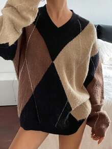 Livesso 女式格子拼色落肩长袖休闲宽松毛衣，秋冬 - 咖啡棕 - 查看 3