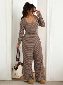 SHEIN Frenchy Plus Size Women Square Neck Striped Long Sleeve T-Shirt And Wide Leg Pants Casual 2 Pieces Set Spring - Multicolor - View 3