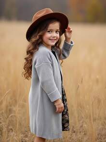 SHEIN Young Girl Solid Color Casual Long Cardigan Sweater - Grey - View 8