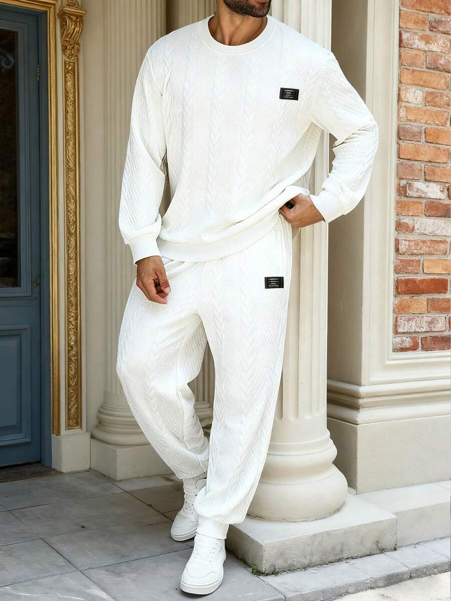 EGENSIO 男士休闲纹理针织套头卫衣套装 - 白色 - 查看 1