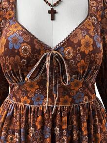 Sunspun Váy ngắn chữ A tay dài bằng nhung thời trang cổ chữ U họa tiết hoa nhỏ xinh xắn eo thun - màu nâu - Xem 5