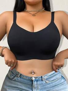 大码无缝无钢圈文胸，柔软支撑，宽肩带，舒适简约设计，一体式 - 黑色 - 查看 5