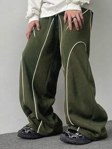 Claim Dot 男士休闲时尚街头日常通勤抽绳腰斜插口袋撞色滚边宽松阔腿运动裤 - 綠色 - 查看 3