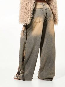 SUMWON WOMEN 复古格纹牛仔宽松牛仔裤，袖口系带设计，高腰阔腿拼接格纹图案 - 彩色 - 查看 2